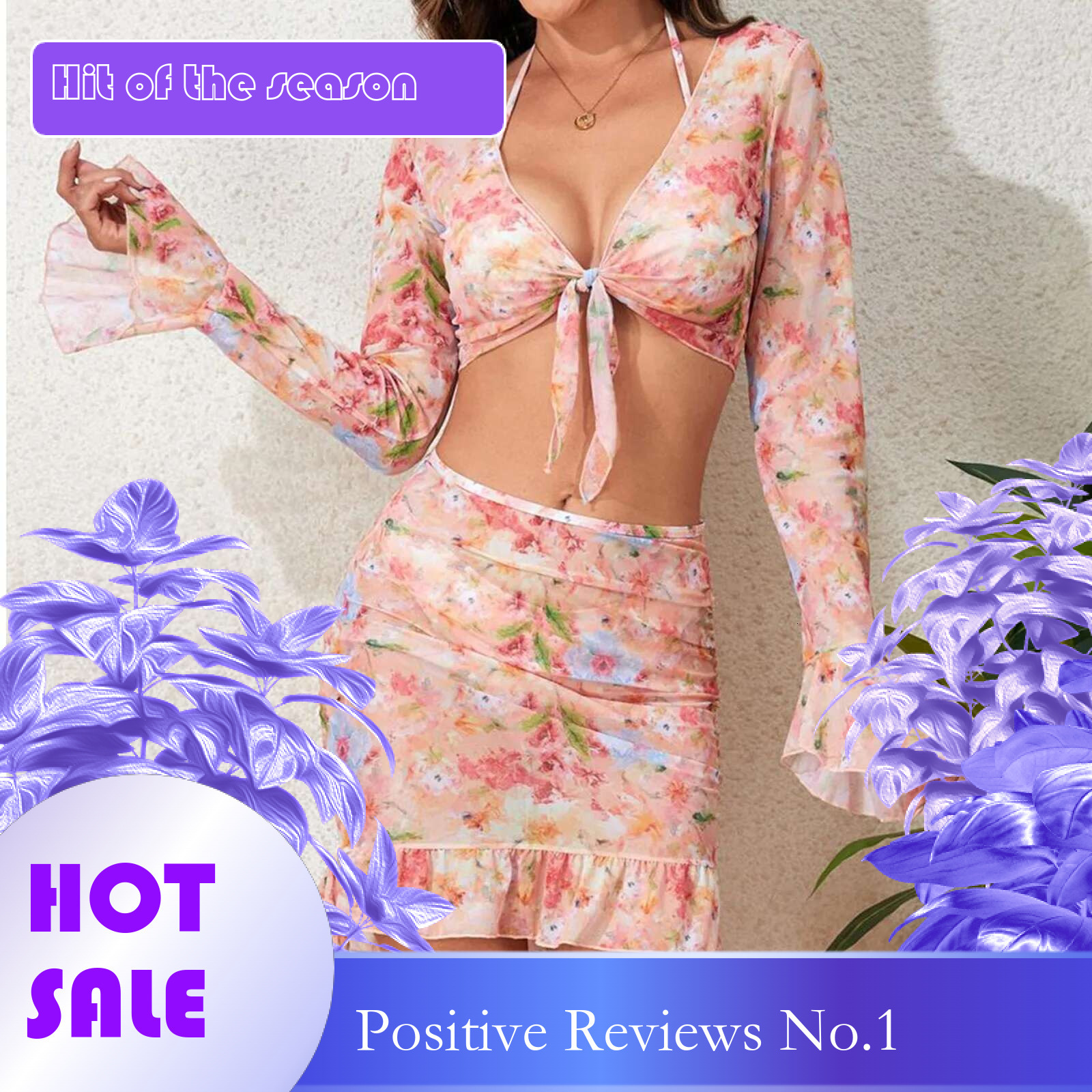 Dongdumaoyi Pieces Bathing Suit Women Sexy Floral Print Swimwear Flare Sleeve Cover Up Halter Bikini Set Bow Tie Split