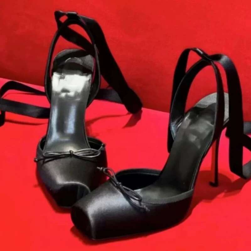 New Style Women's Personalized High Thin Heels Satin Sexy Square Toe Strap Womens Shoes Banquet Wedding atos Mujer