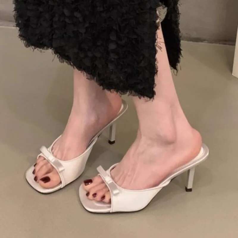 Slipper Mules Low High Heels Shoes Summer Best Street Look Females Square Head Open Toe bow Strappy Sandals Women