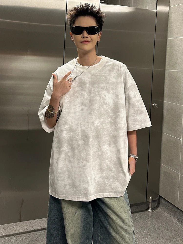 250GSM summer tie dye T-shirt mens street retro pure cotton top Y2K T-shirt short sleeved oversized T-shirt 250402