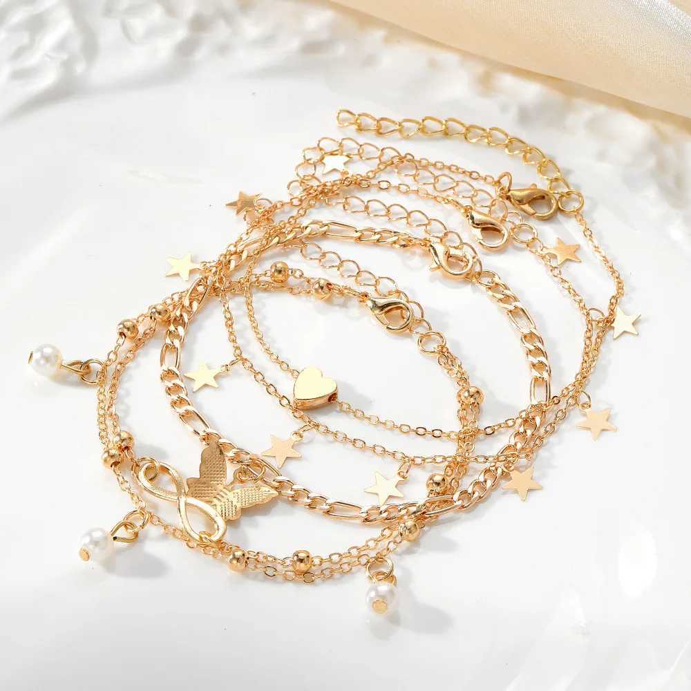 Gold Color Vintage Butterfly Anklet Set For Women Multilayers Adjustable Love Anklet Bracelet On Leg Foot Beach Jewelry Z250408