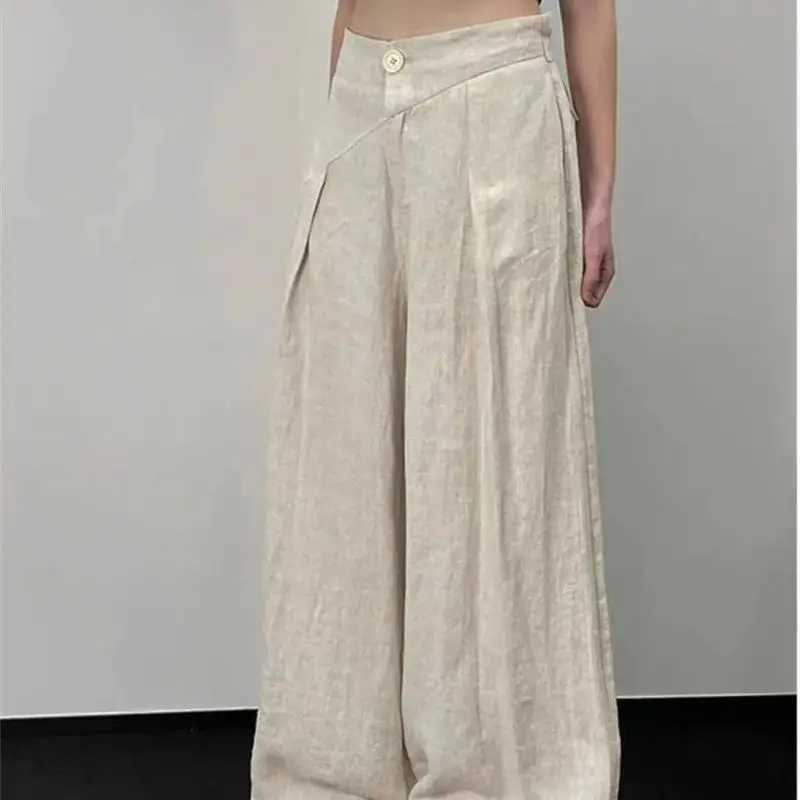 Limiguyue Japanese Cotton Linen Wide Leg Pants Womens Irregular Waist Summer Pants One Button Loose Folded Full Set F157XJ250403