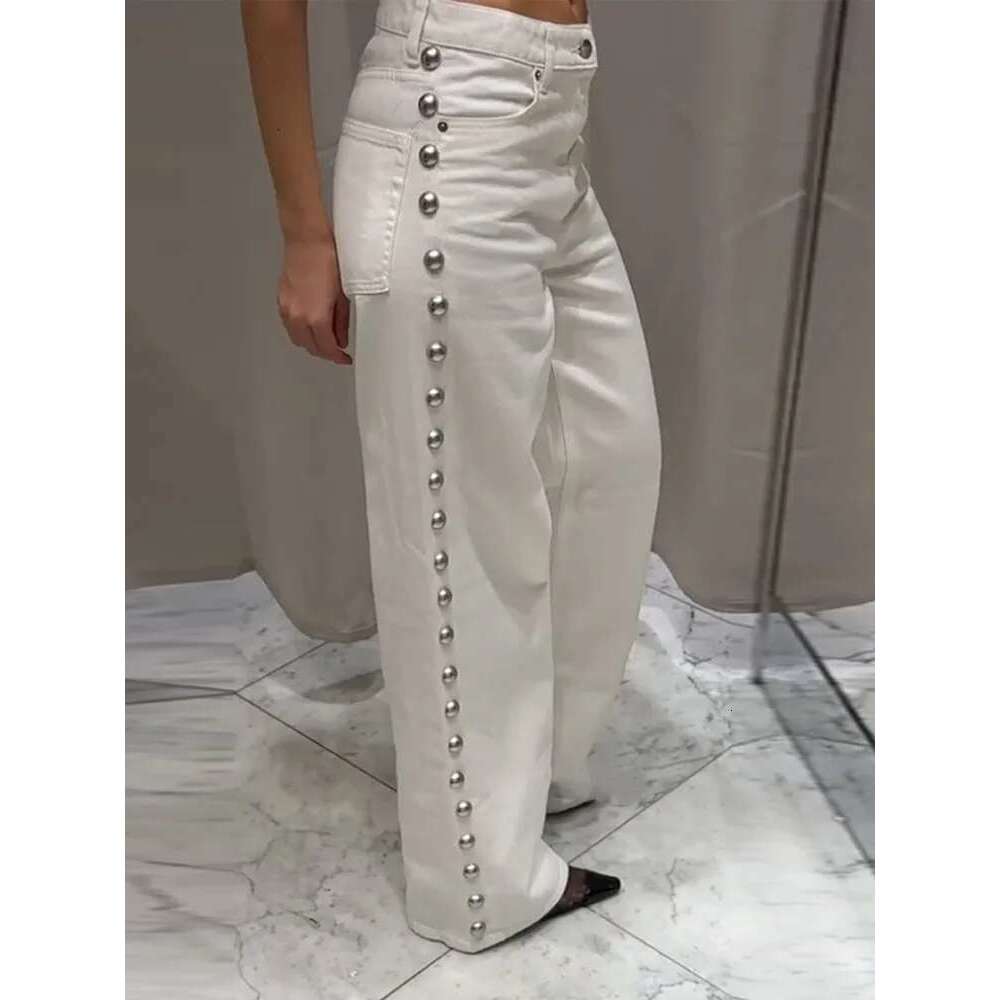 Women's Wear Designer Metal Rivets Women Denim Straight Baggy Waist Jeans Trousers Vintage Distressed Dragging High Street Pants