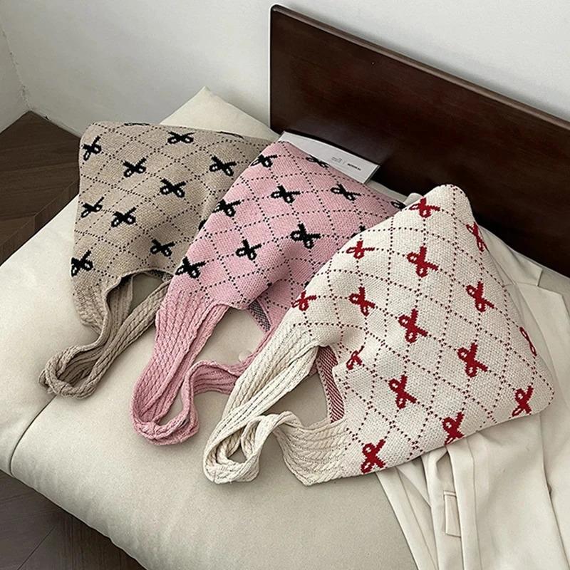 Butterfly knot knitted womens bag ecofriendly Korean folding shopping Y2K crochet rope shoulder Sweet handbag Ins 250408