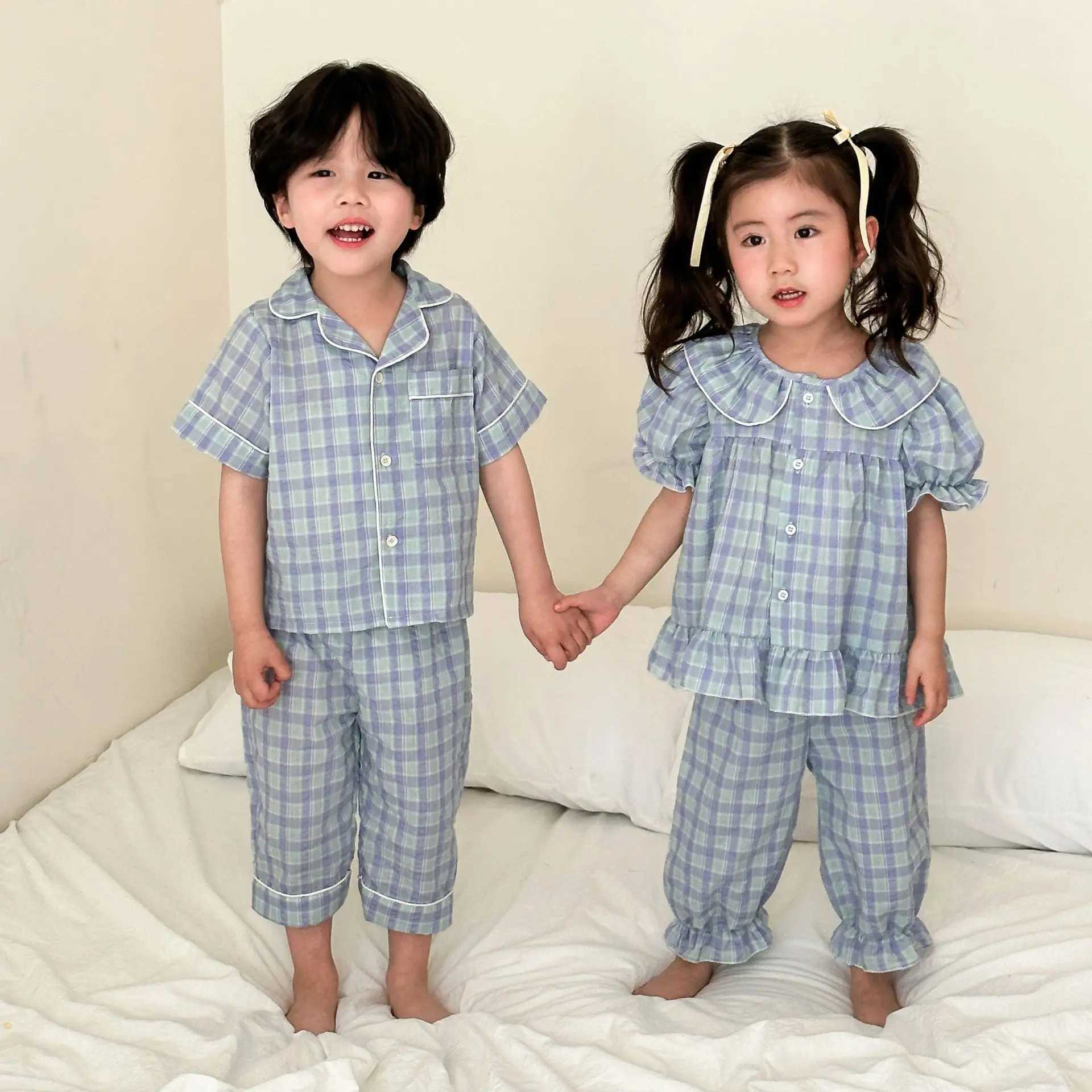 2024 Summer Childrens Plain Knitted Pajama Set for Boys and Girls Baby Thin Cotton Short sleeved Top+Shorts 2-piece Childrens Cotton Pajama Set S2548