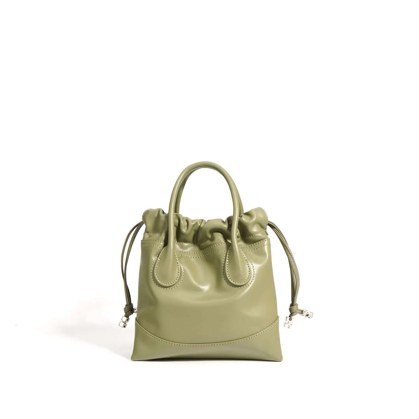 Fashion Lady Real Leather Ruched Bucket Pouch Purse For Women Chic Casual Drawstring Bag With Double Pocket