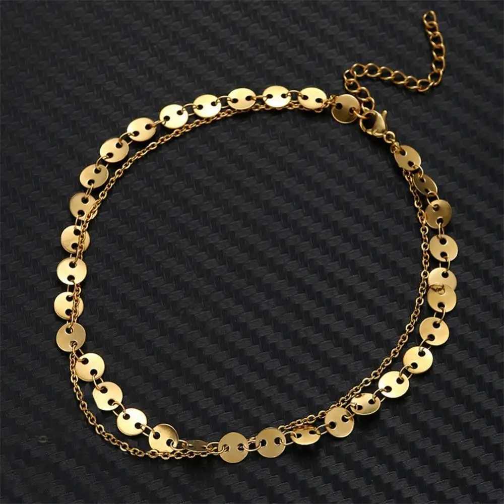 Stainless Steel Sequins Anklet for Women Double Layers Barefoot Sandals Heart Foot Bracelet Anklet Boho Beach Jewelry Gift Z250408