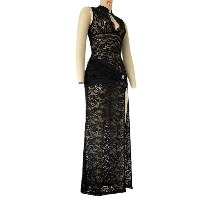 Womens sexy lace long skirt hollow sleeveless sleeved evening sewn party club dress retro casual tight fitting 250409
