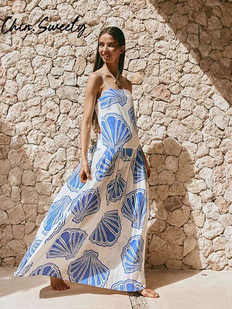 Fashion Printed Women Sg Dress Pleated Square Collar Sleeveless Backless Female Long Dresses 2025 Spring Summer Lady Robe