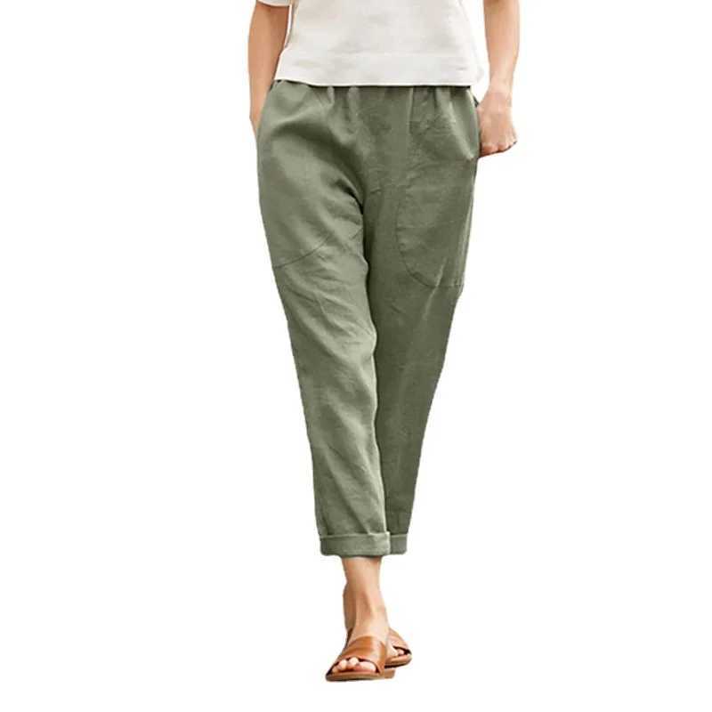 Womens elastic waist pocket pure cotton linen harem pants autumn spring Fe straight three person oversized S-5XL JYFS-HS1023XJ250403