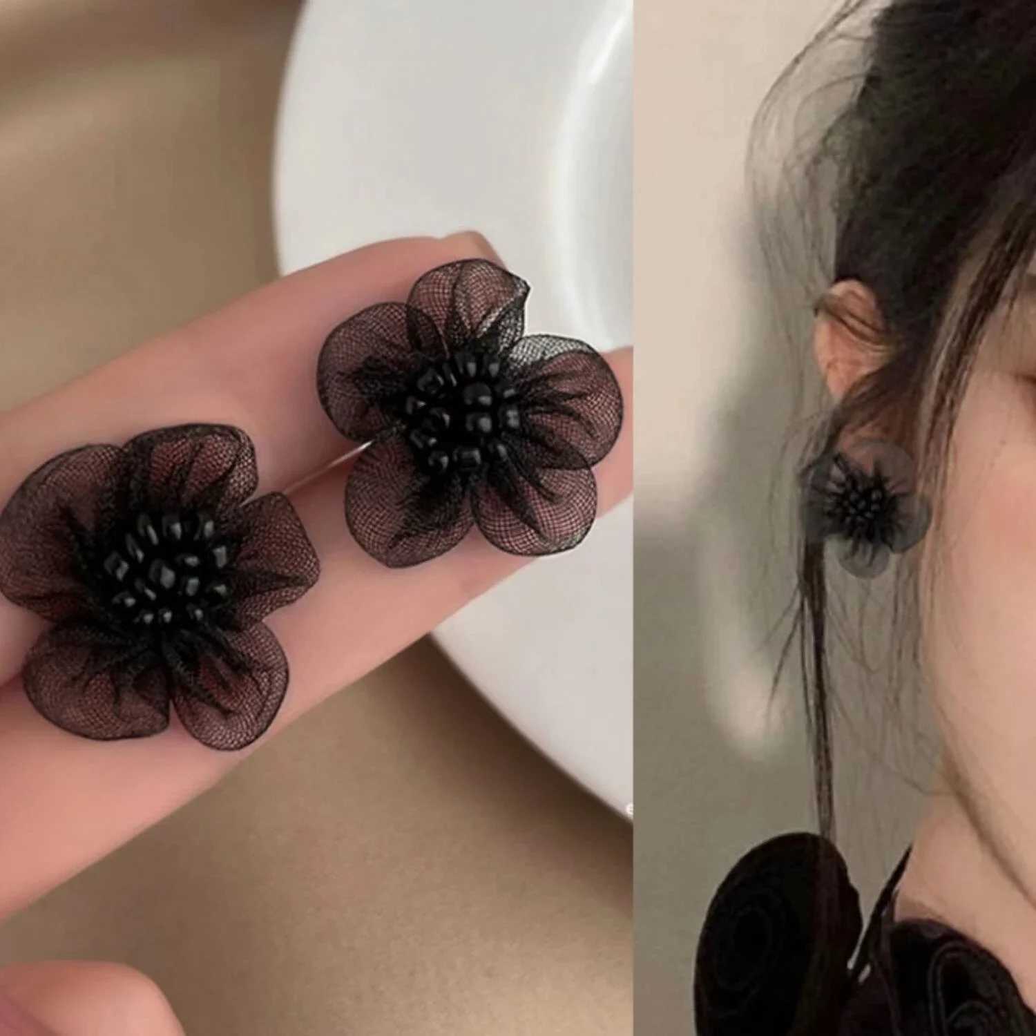 Vintage Korean Fashion Black Flower Earrings for Women Jewelry 2025 Trending New Autumn Winter French Womens Lace Earrings Gift Z250408