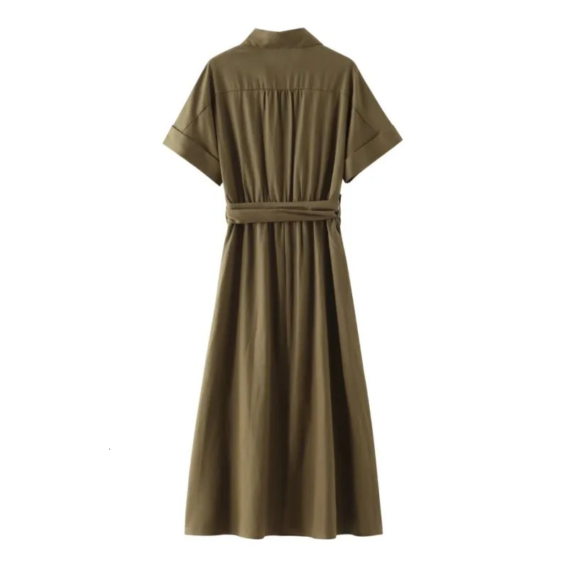 Midi shirt style womens summer two choices sexy slim fit linen blend casual button waist belt long skirt 250409