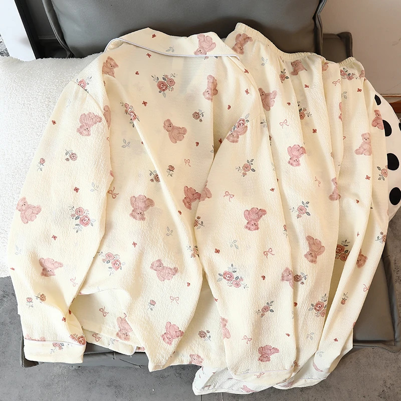 Womens Pajama Set Y2K Cartoon Bear Flower Print Autumn Kawaii Harajuku Style Casual Home 250409