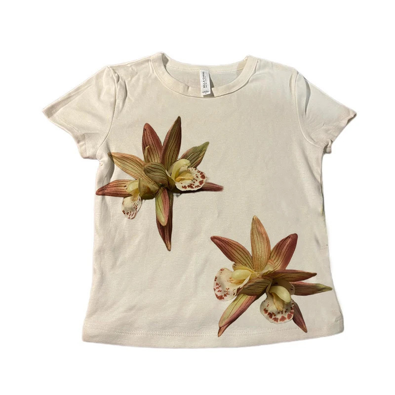 Streetwear Womens Summer Slim Crop Tops Floral Print Pattern Cap Sleeve Round Neck Show Navel Cropped Tops Female Mini Baby Tee 250409
