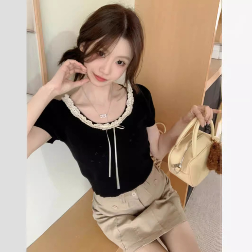2025S Designer Women S T Shirt Summer New Lace Hollow Bow Knitted Short Sleeved T Shirt For Women S Sweet And Slim Fit Student Top Trendy