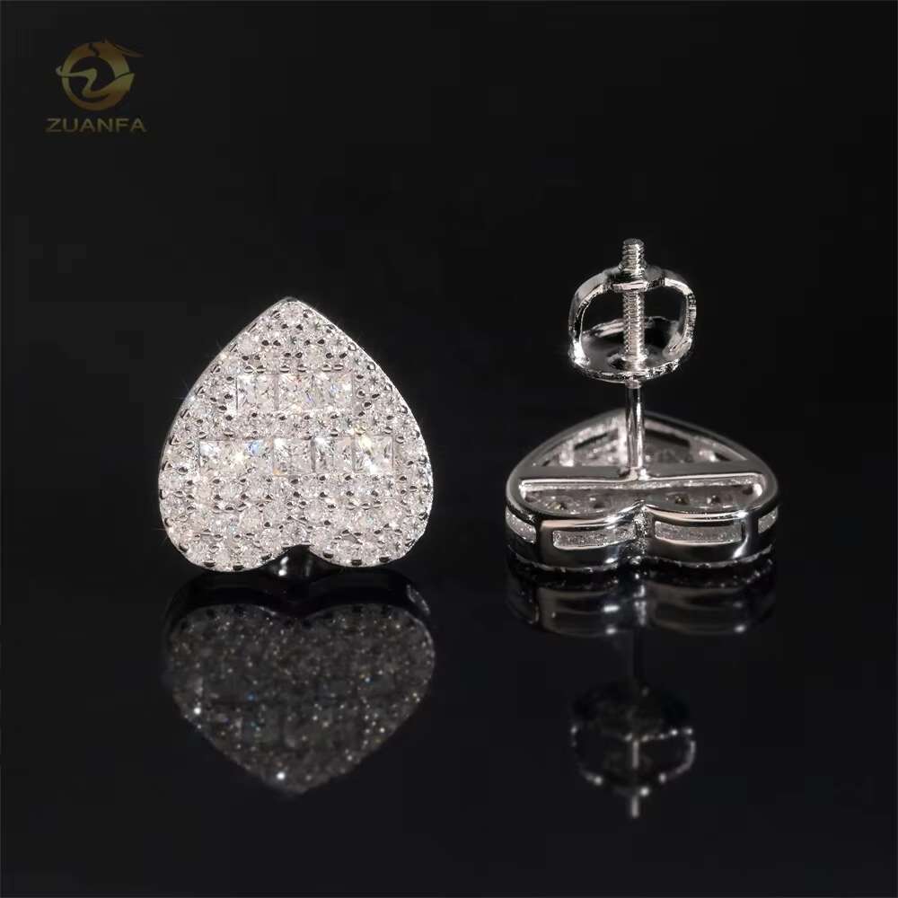 Hot Selling Popular Iced Out Hip Hop 925 Sterling Silver Moissanite Diamond Love Heart Stud Earrings