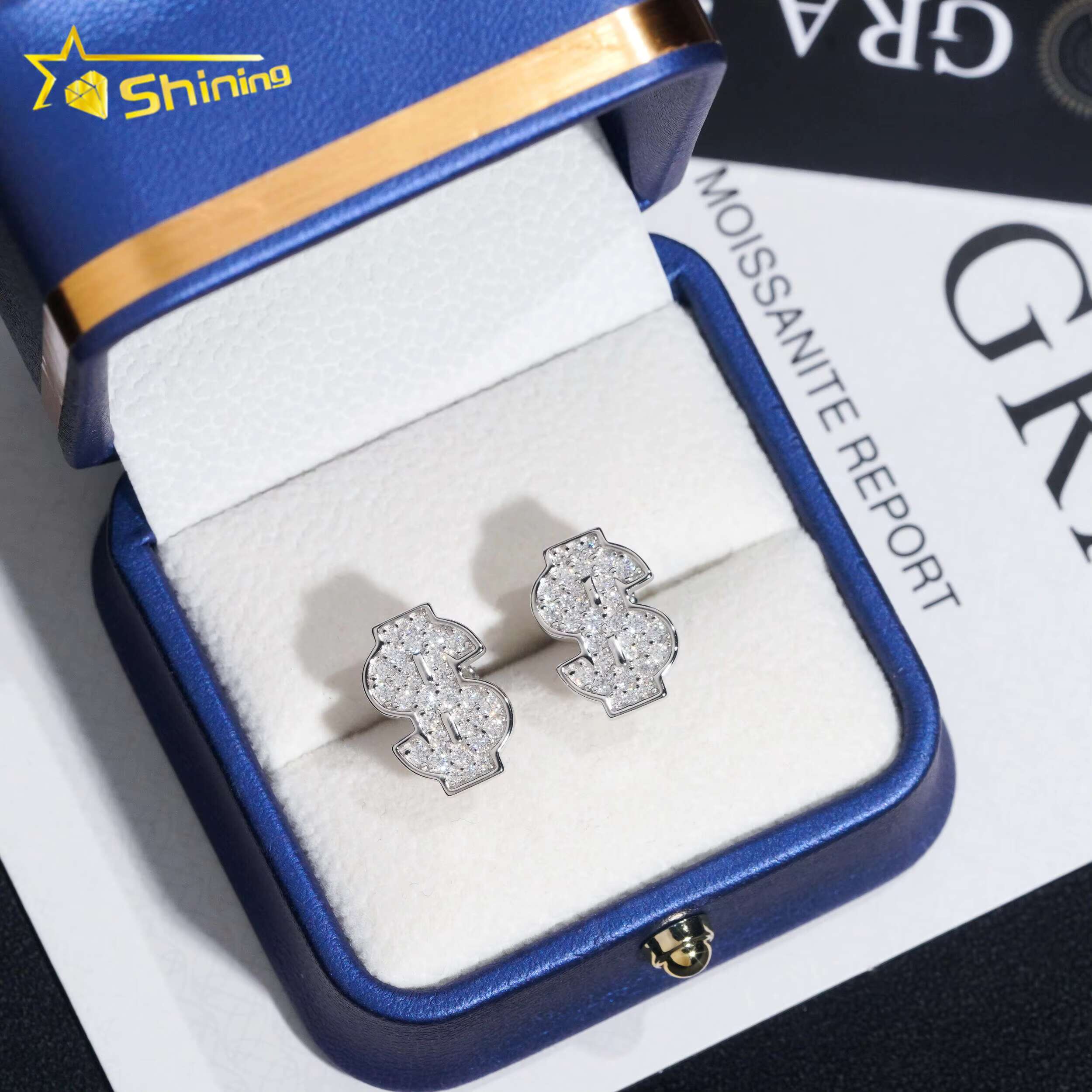 Diamond Tester Certified RTS Hip Hop Jewelry 925 Silver Gold Plated VVS Diamond Moissanite Stud Earrings Dollar Sign