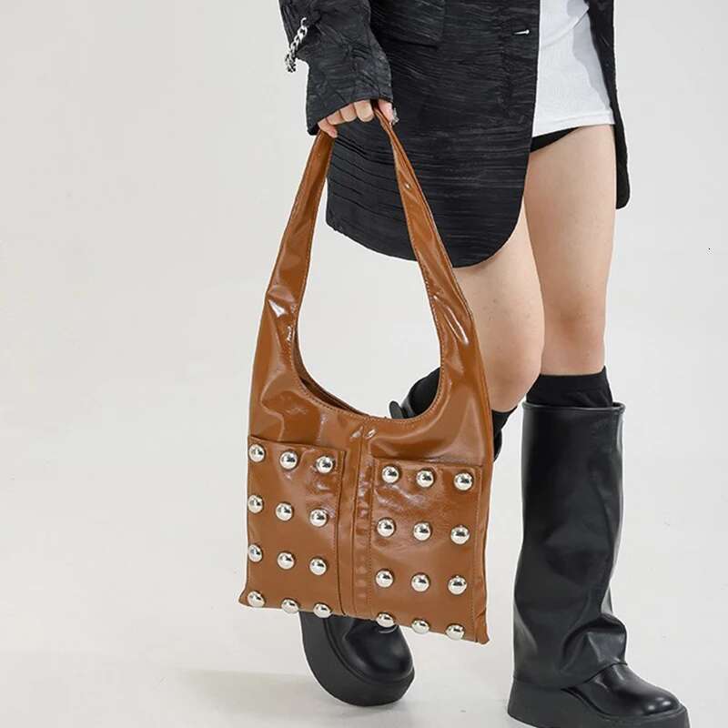 New Genuine Leather Bucket Fashionabl Personality Trendy Cool Polka Dot Rivet Casual Brand Underarm Bag Handbag