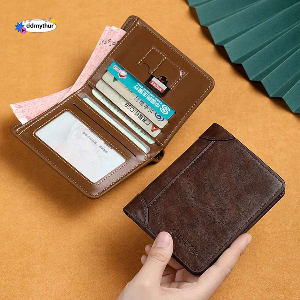 Leather Rfid Wallet Men Slim Vertical Wallets Black Thin Short ID Credit Card Holder Minimalist Men's Brown Money Bag ddmythur
