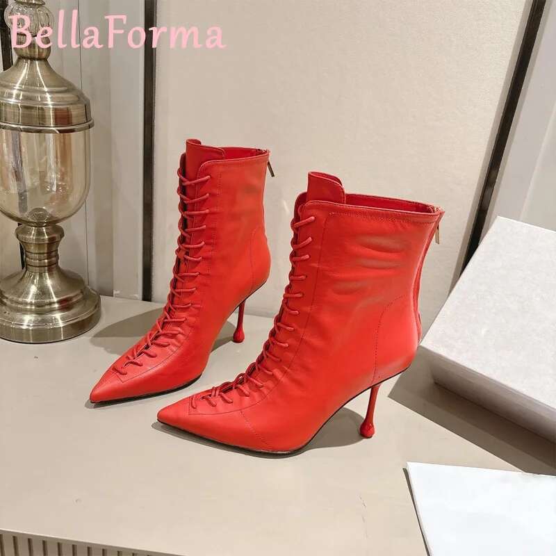 Women's Cross-Strap Pointed Fashion Simple Design Street Catwalk Mature Elegant Teardrop-Shaped Heel Zipper Short Boots