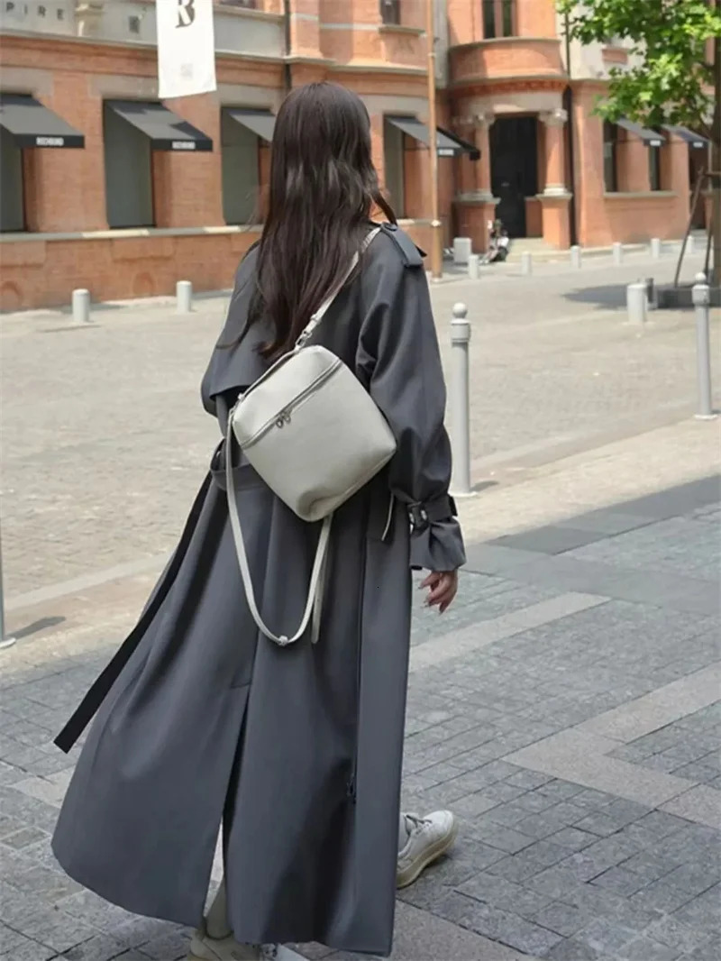 loose trench coat Midi length fashionable Korean elegant khaki black womens windproof casual double chest top 250409