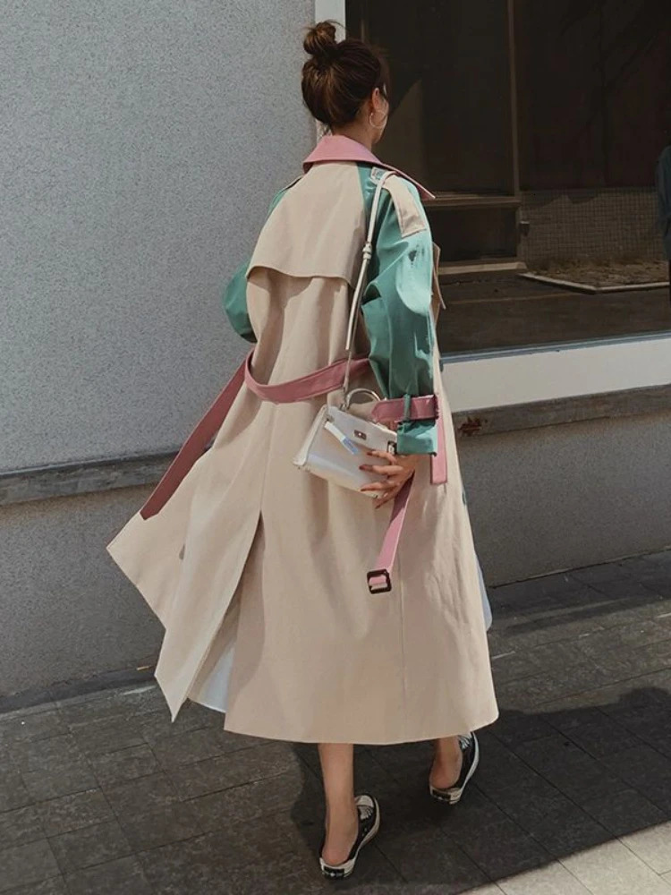 Medium length windproof jacket womens revolving door collar autumn loose and fashionable color comparison top simple 250409
