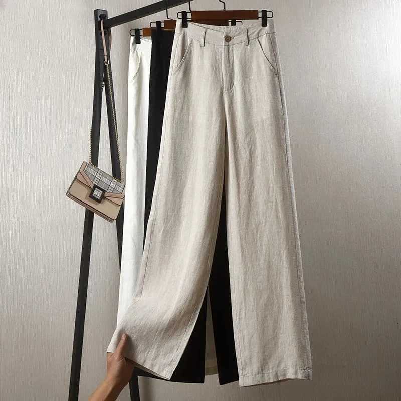 Womens cotton linen straight pants elastic high waist wide leg pants Fe spring summer solid color loose linen pantsXJ250403