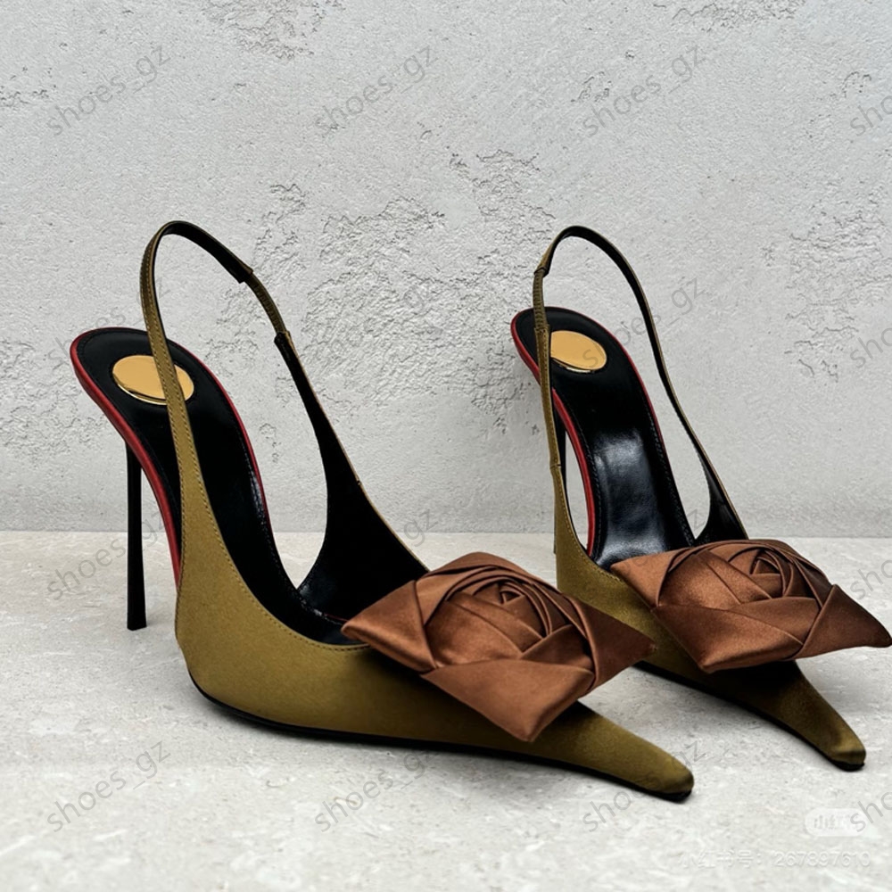 Luxury women pointed toe Party shoes Slingbacks 105mm Pointed Toes satin Flowers decoration Wedding Dress shoes Women sandals High heel Bring box 35-42