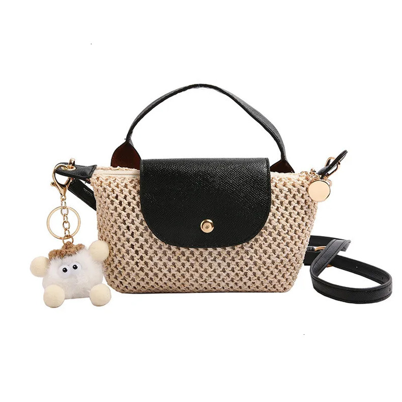 Luxury Brand Designer 2025 Summer New Ins-Style Niche Spliced Woven Bag, Pom-Pom Decor Beach Vacation Mini Handheld Straw Dumpling Women's Bag