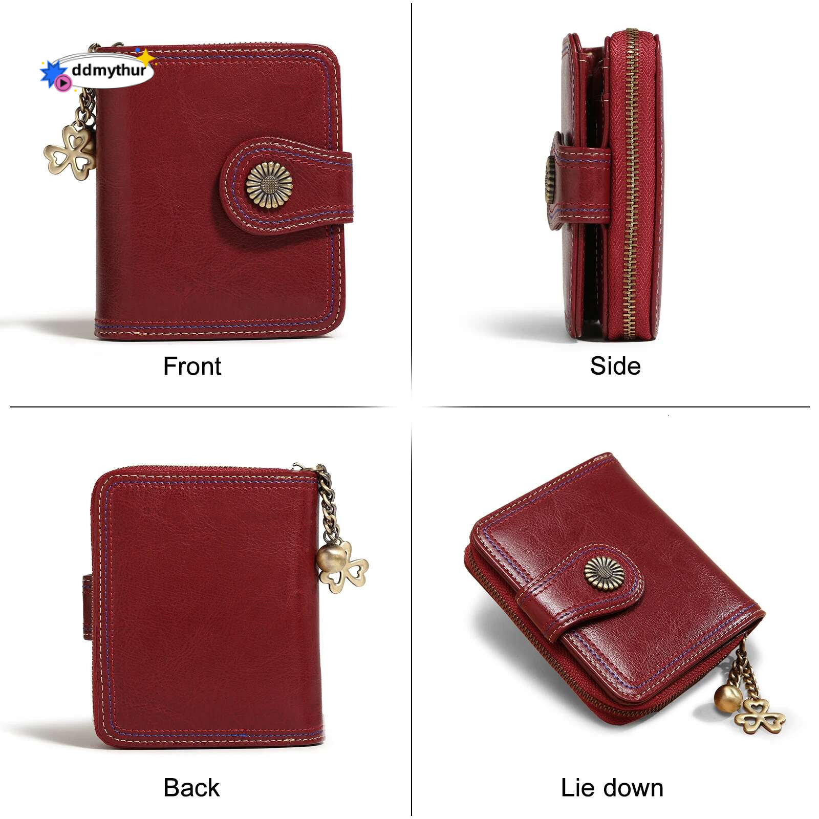 Red Card Holder with Metal Pendent Passport Short Wallet Zipper Around Clutch Purse Vintage Valentine's Day Gift ddmythur