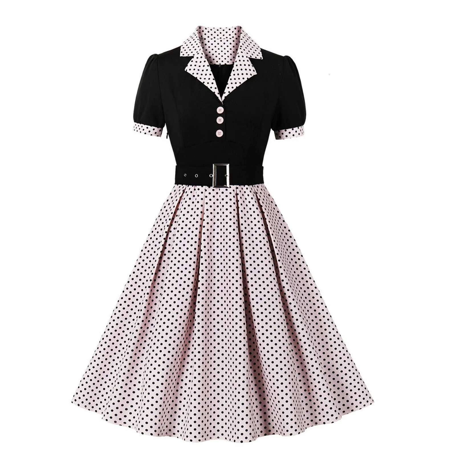 Dongdumaoyi Notched Collar Two Tone Patchwork Polka Dot Summer Dress Women Elegant Vintage Clothes Button Belted S Rockabilly