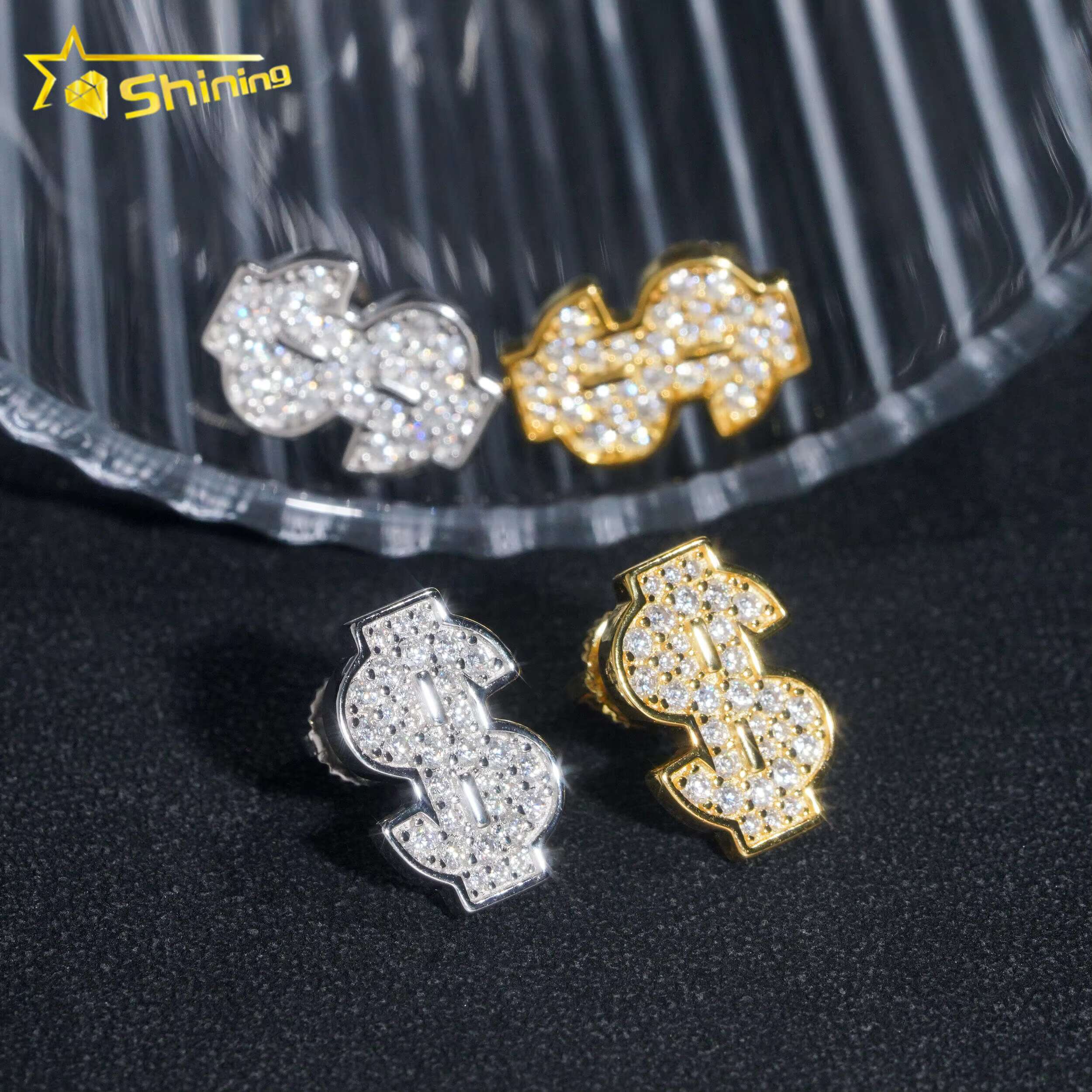 Diamond Tester Certified RTS Hip Hop Jewelry 925 Silver Gold Plated VVS Diamond Moissanite Stud Earrings Dollar Sign