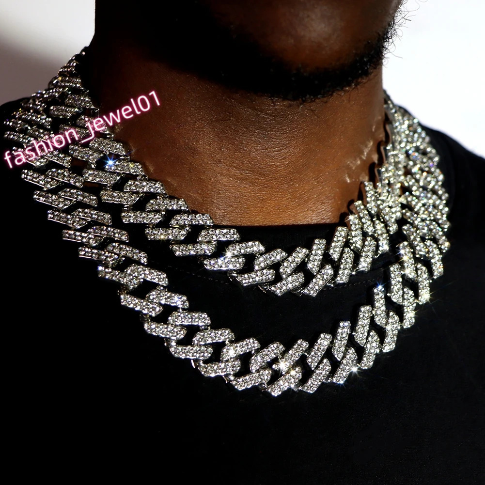 Punk Hip Hop Iced Out Rhinestones Cuban Chain Necklace For Men Women Bling Crystal Prong Cuban Link Choker Necklace Jewelry Gift