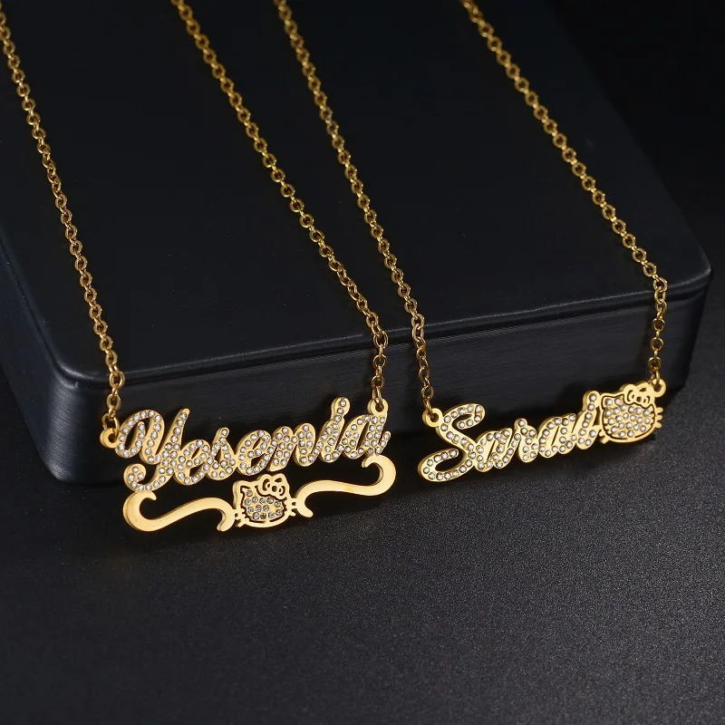 365 Multiple Personalized Name Necklace Cute Cat Shaped Custom Name Rhinestones Nameplate For Women Girls Jewelry Birthday Gifts 250409