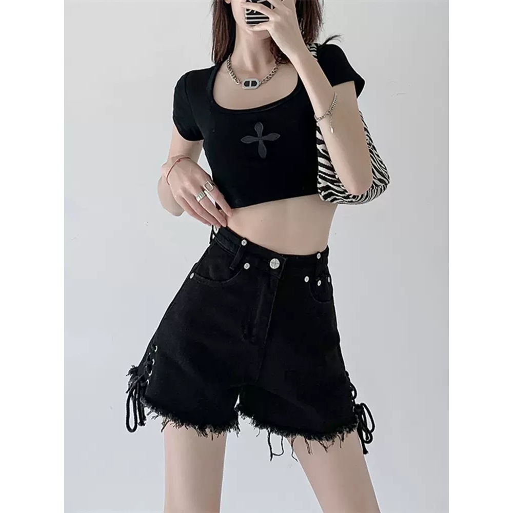 2025S Women S Designer Shorts Black Denim Shorts Women S Loose Summer Plus Size Fat High Waist Slimming Design Tie Up Word Wide Leg Hot Pants Hot Pant