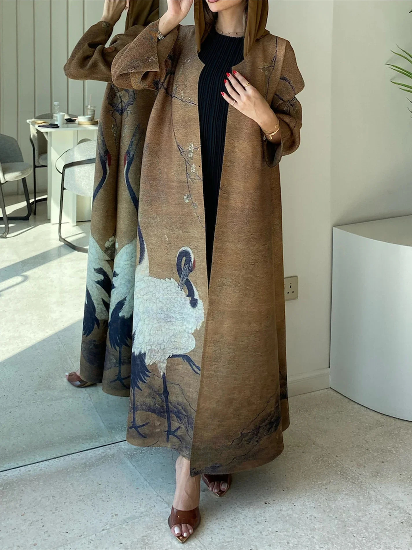 Muslim dress open Abaya womens pleated elastic long skirt cardigan printed on Kaftan Islam Vestitos Jalabiya in Dubai Morocco 250409