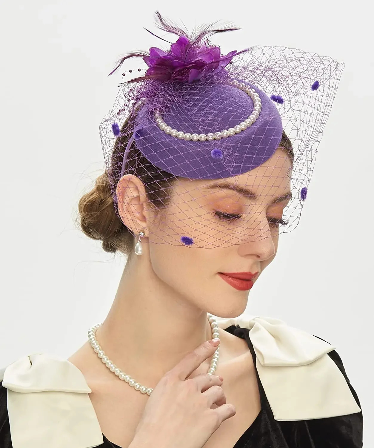 Elegant Pillbox Hats 20s 50s Vintage Pearl Fascinators Hat for Women with Feather Mesh Veil Clip Bridal Wedding Tea Party 250409