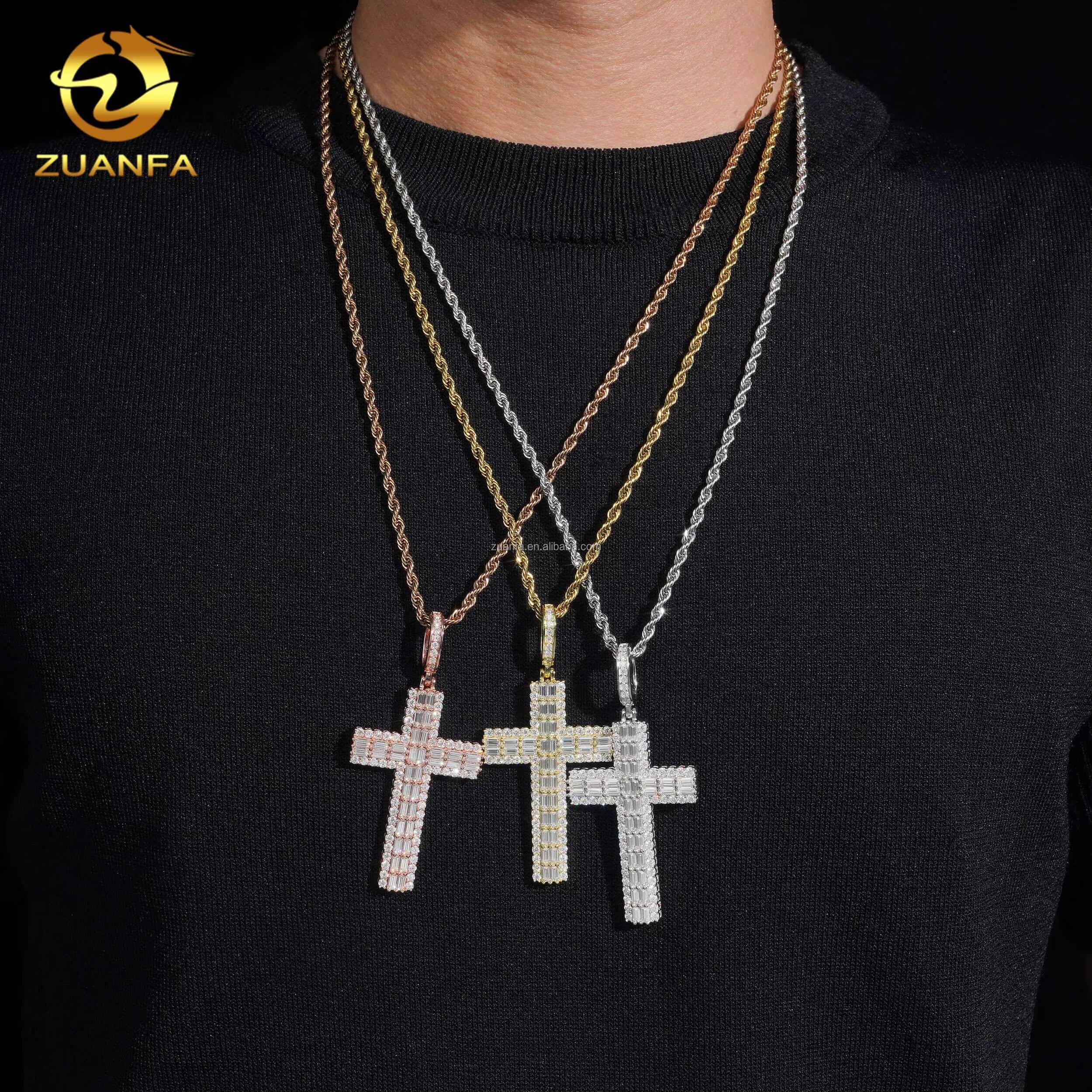 New Arrivals Trendy Fashion Man LuxuryJewelry Hip Hop Pendant S925 VVS1 Baguette Moissanite Diamond Cross Pendant Necklace Set