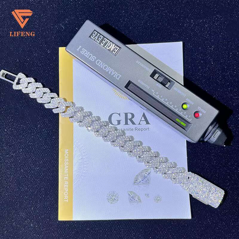 Lifeng Jewelry Custom Name Cuban Link Chain Bracelet Ice 14MM 2rows VVS Moissanite Silver White Gold Plated Cuban Chain