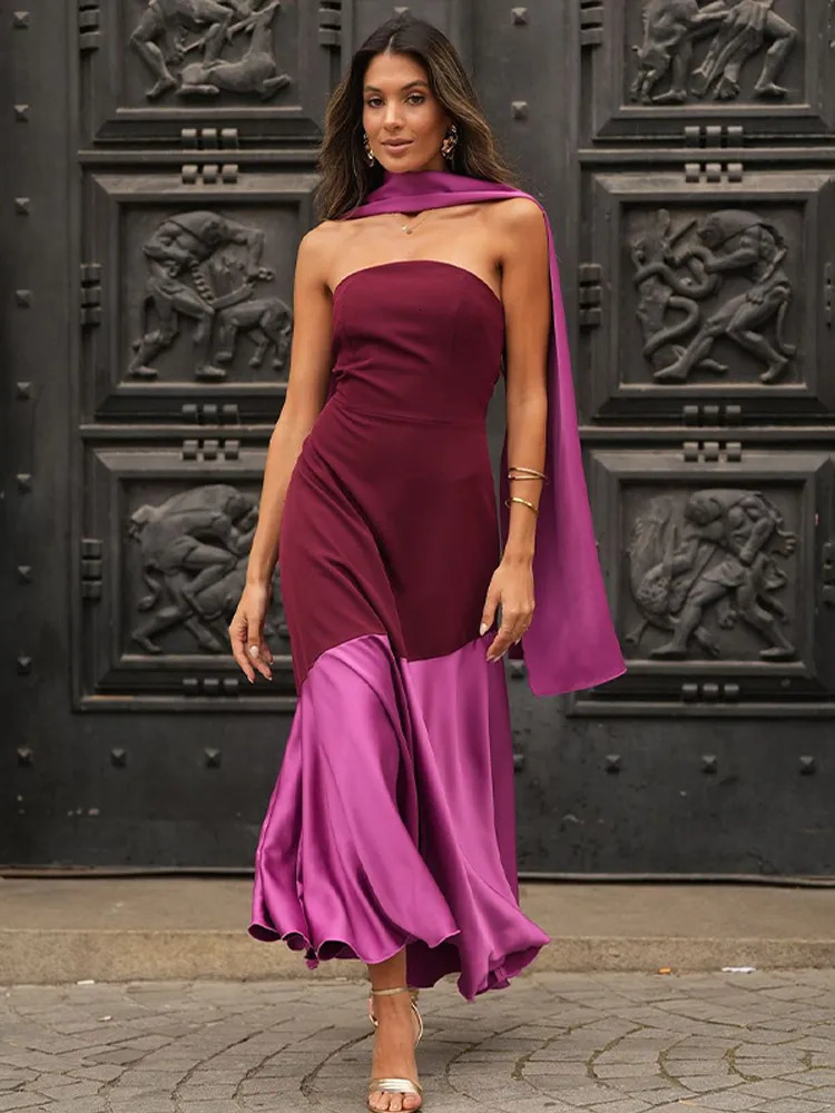 strapless satin patch with scarf long skirt womens shoulder sloping collar ultrathin dress party club Vestdos 250409