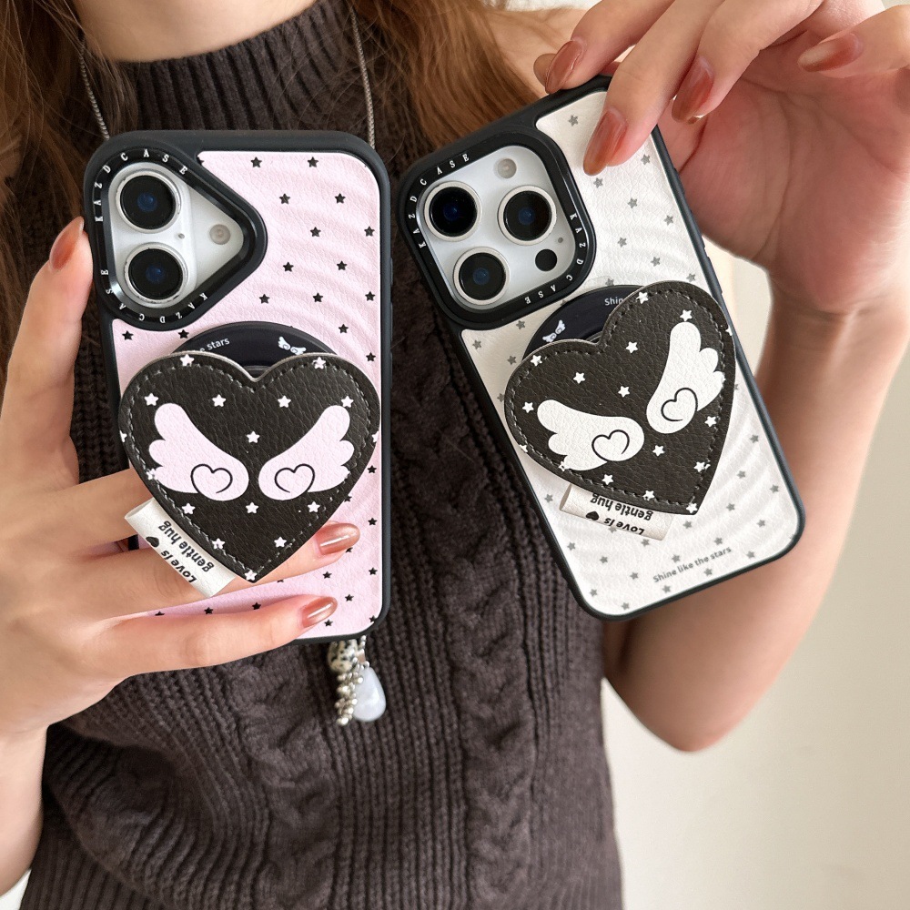 Circle Pattern Sticker Magnetic Heart Wings Stand Phone Case Compatible with iPhone 17/16 Pro Cartoon Shockproof Cover iPhone 15