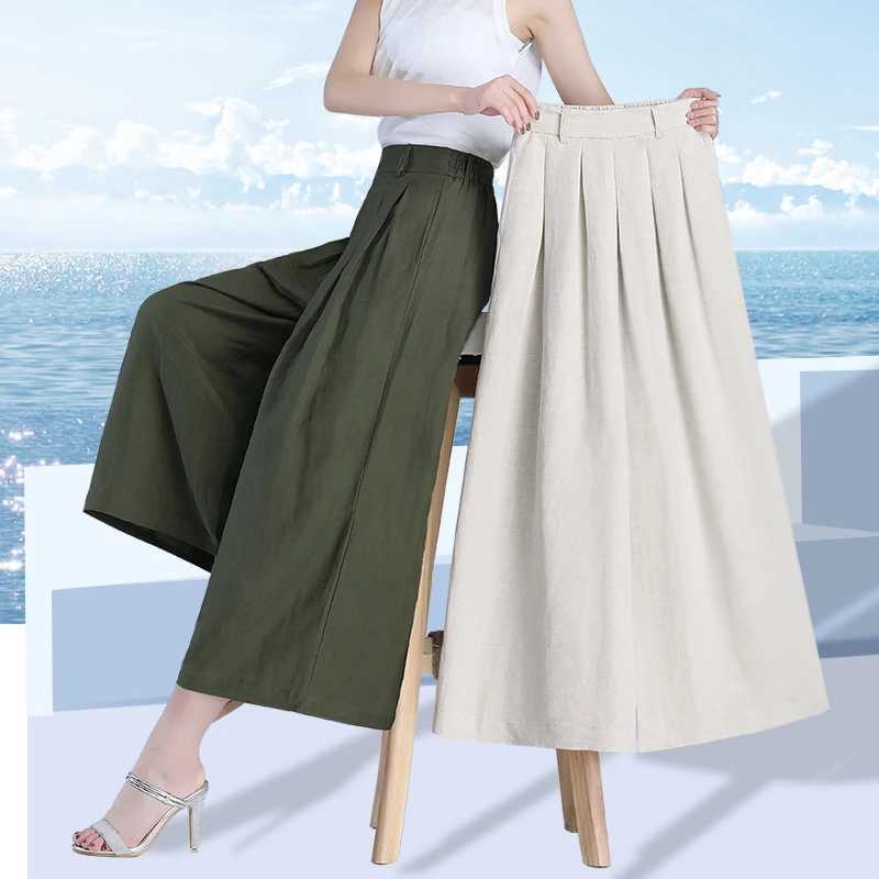 Linen nine point wide leg pants for women in spring 2024 thin pants leather high waisted eight point pants casual loose pants cotton linenXJ250403
