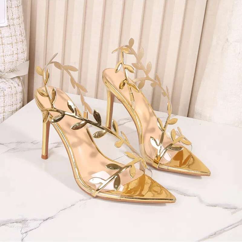 New Summer Women's Sandals, Golden Branches and Jade Leaves Shoes, Stiletto Pointed High-heeled Sandals