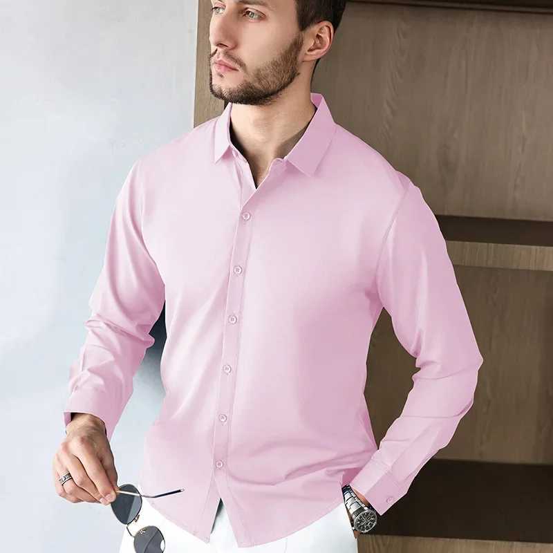 New Mens Business Casual Long Sleeve Solid Color Shirt Wrinkle Resistant Comfortable All Season Versatile Top W250627