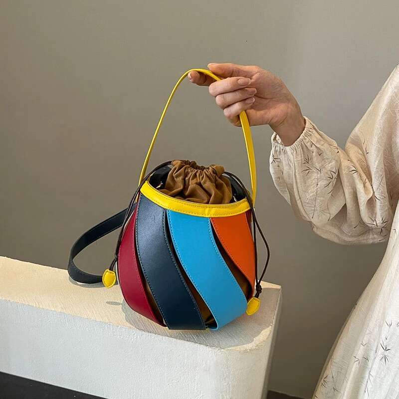 Vintage Draw String Women 2024 New Barrel Type Handbag Satchel Rainbow Design Crossbody Bag Lady Shoulder Bags Purse