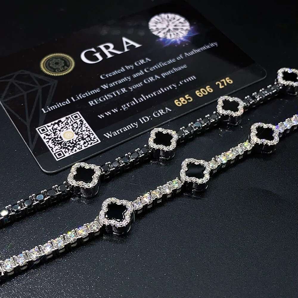 3mm Moissanite Black Agate Clover S925 silver Tennis Chain Bracelet Iced Out for Men Fashion Hip Hop Jewelry Pass Diamonds Teste