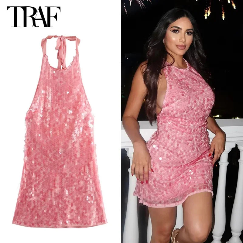 pink glitter mini womens sexy backless strapless dress for y evening semi transparent mesh 250409