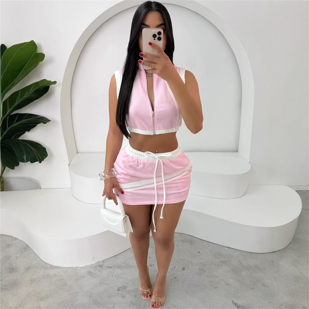 2025S Designer Women S Set New Fashionable Slim Fit Street Zipper Sleeveless Crop Top With Exposed Navel Hip Hugging Lace Up Short Skirt Set