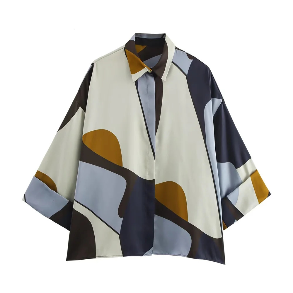 TRAF Womens Weight Loss Silk Texture Shirt Spring Collection Versatile Color Printed Collar Fashion Style 250409