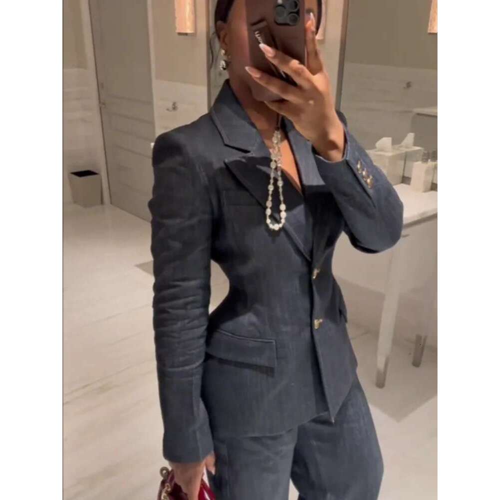 Designer clothing Elegant 3 Pieces Denim Blazer Long Sets For Women Spring Single Breasted Suit Jacket Chic V-neck Vest Wide Leg Pants Suits